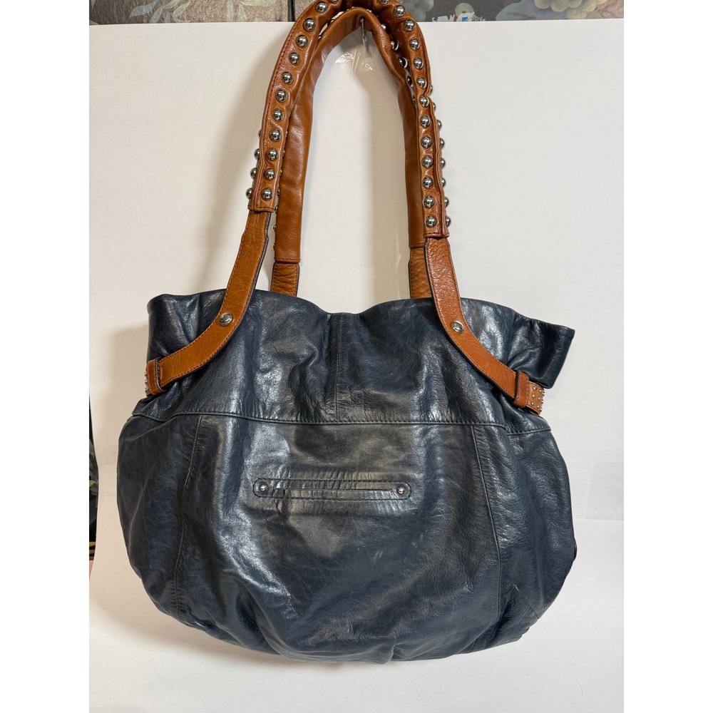 Boho Indie Grunge Navy Blue Leather Studded Hobo Shoulder Bag Large Oversized - Picture 8 of 16